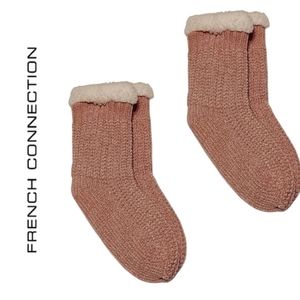 2 Pairs - French Connection Cozy Slipper Socks - Pink & White - Shoe Size 4-10